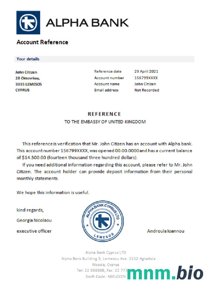 Przykład odniesienia Cyprus Alpha Bank w formatach Word i PDF